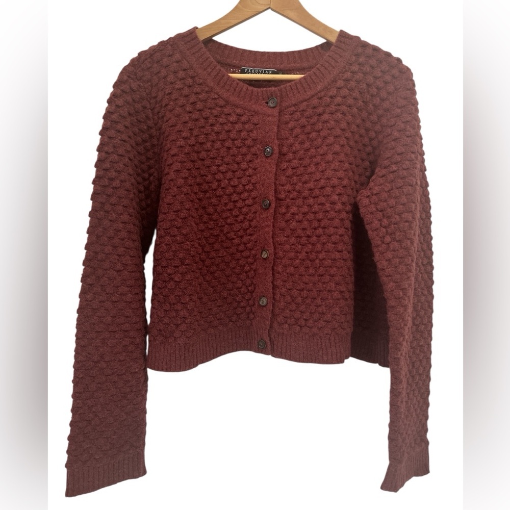 Peruvian Connection Alpaca Blend Textured Knit Button Front Cardigan Sweater - M